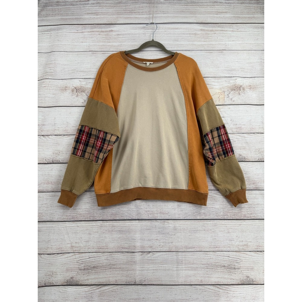 Easel Sweatshirt Women S Orange Tan Colorblock Plaid Patchwork Raglan Sleeve